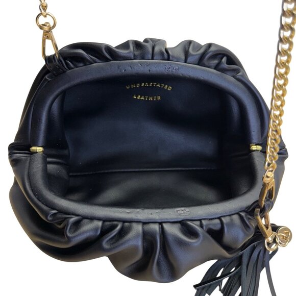 Understated Leather Women’s Black Leather With Tassel Detail & Gold Chain Clutch - Picture 8 of 10
